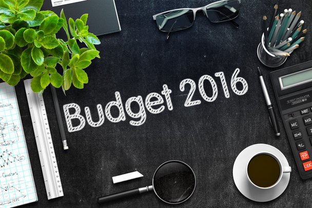 Schwarze Tafel mit Haushaltskonzept 2016. 3D-Darstellung. - Foto, Bild