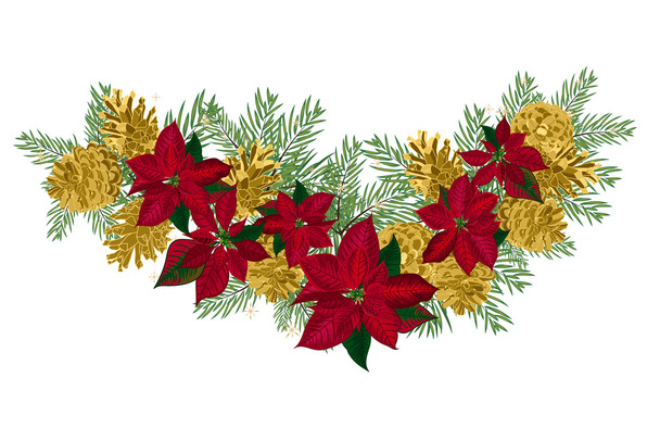 Vintage-Weihnachtsgirlande mit goldenen Tannenzapfen und rotem Weihnachtsstern auf weißem Hintergrund - Vektor, Bild