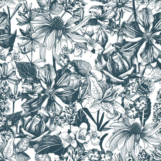 Ręcznie rysowane bezszwowe kwiatowe wzory - Wektor, obraz