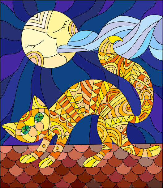 Illustration in stained glass style with red cat running across the roof of the house in the background of the moon and the sky - Vector, Image