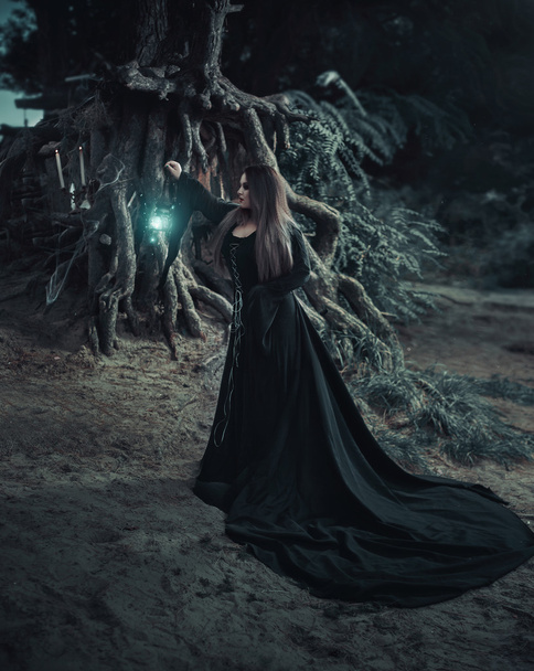 Wicked witch in a long vintage dress, evokes the spirit - Φωτογραφία, εικόνα