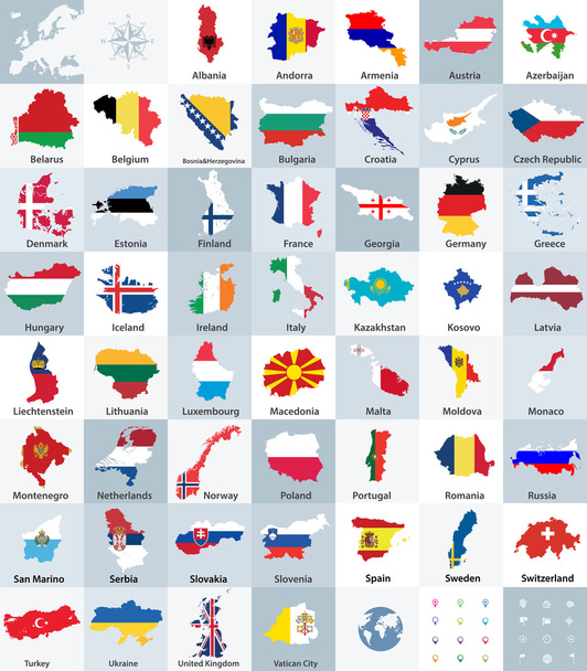 all Europe countries maps mixed with flags - Vector, afbeelding