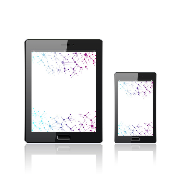 moderne digitale Tablet-PC mit mobilen Smartphone isoliert auf der weißen. Molekül und Kommunikationshintergrund. Wissenschaftskonzept. Vektorillustration. - Vektor, Bild