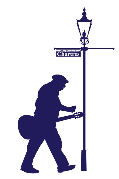 Διάνυσμα Chartres Street παλιά μουσικός με ακουστική κιθάρα σιλουέτα - Διάνυσμα, εικόνα