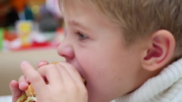 het jonge geitje eet een boterham op een fastfood restaurant closeup - Video