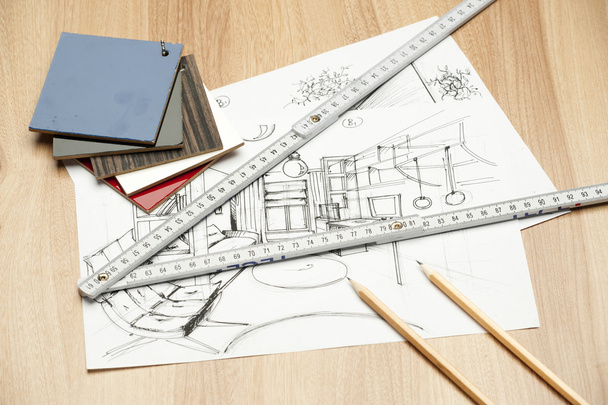 Rollos de arquitectura de planos arquitectónicos para el proyecto de planos de arquitectos
. - Foto, Imagen