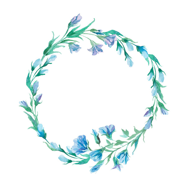 romantic wreath of blue flowers painted in watercolor - Фото, изображение