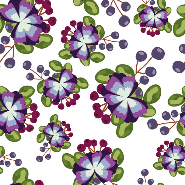 pattern with blue flowers, berries and leaves on white background in vector . can be used like patter for wrapping paper or textile, greeting cards - Vector, Imagen