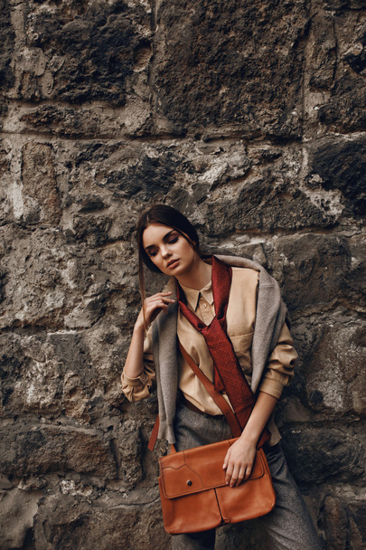 Woman In Fashion Clothing Posing Near Wall - Valokuva, kuva