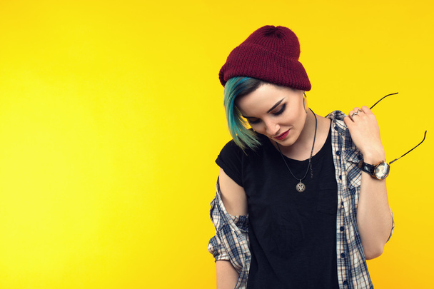 creative person style on yellow background. modern teenager. colour / colorful hairstyle - Foto, immagini