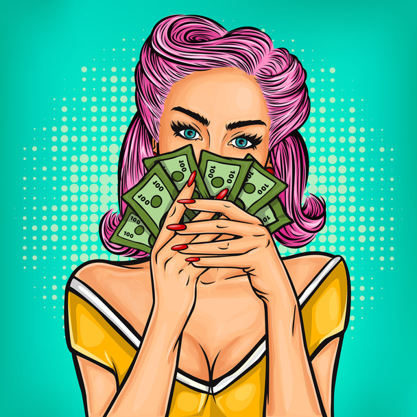 Vector pop art girl with cash - Vector, Imagen