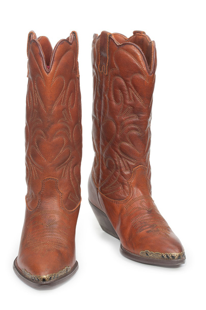 Women's fashion boots. Ladies vintage leather cowboy shoes. Isol - Фото, изображение