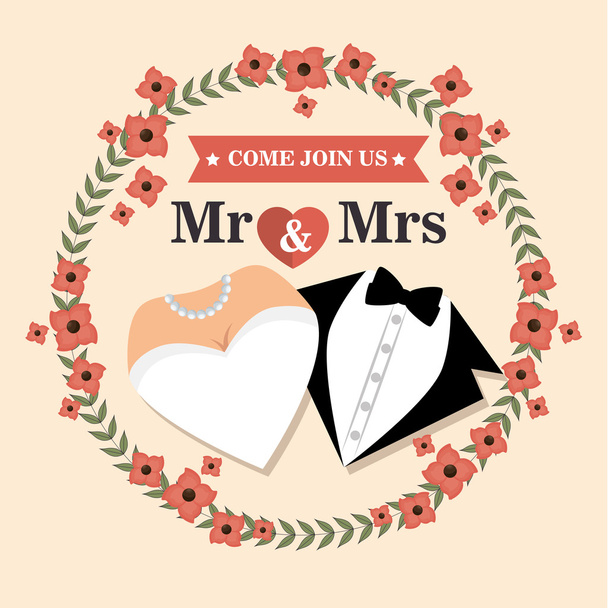 bruiloft kaart met bloem en pak en bridal gown ontwerp afbeelding - Vector, afbeelding