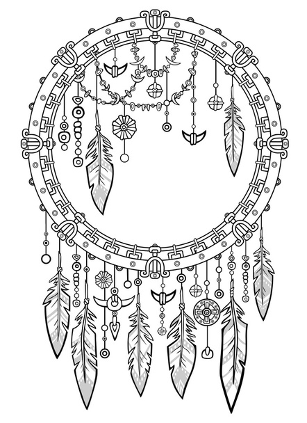 Talisman dreamcatcher with feathers.Motives of the American Indians.Ethnic design, boho chic. The linear drawing isolated on a white background. Vector illustration, be used for coloring book. - Vetor, Imagem