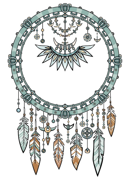 Talisman metal dreamcatcher with feathers.Motives of the American Indians.Ethnic design, boho chic, tribal symbol.Vector illustration isolated on a white background.Print, posters, t-shirt, textiles. - Διάνυσμα, εικόνα