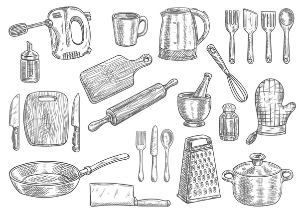 Kitchen utensils and appliances isolated sketches - Vector, Image