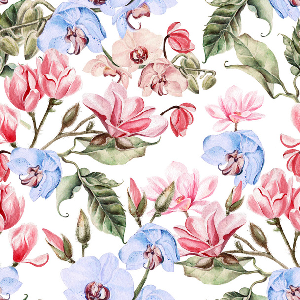 Beautiful watercolor pattern with flowers orchid, magnolia and rose.   - Foto, Imagen