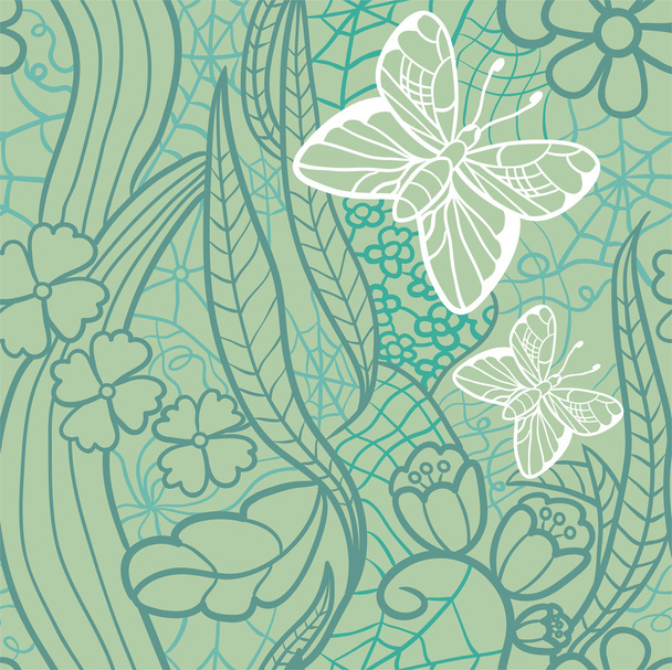 Seamless lacy pattern with flowers and butterflies - Vector, Imagen