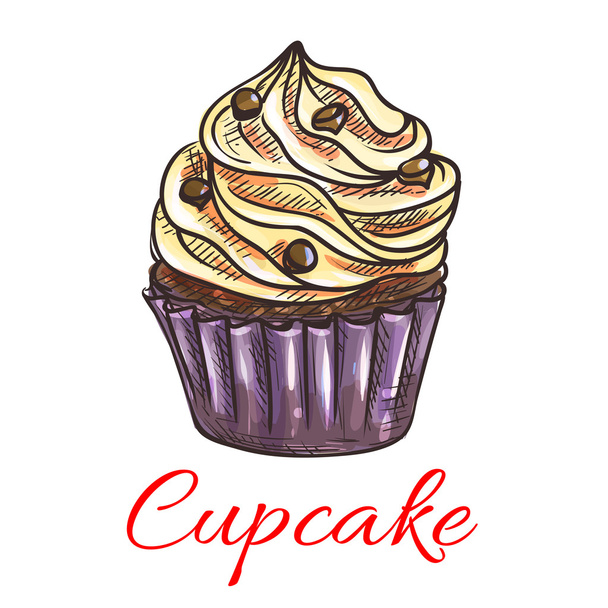 Cupcake with cream and chocolate sketch - Vector, Image