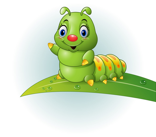 Kreskówka zielony caterpillar na liściu - Wektor, obraz