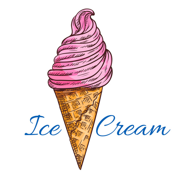 Strawberry ice cream in waffle cone sketch - Vektor, Bild