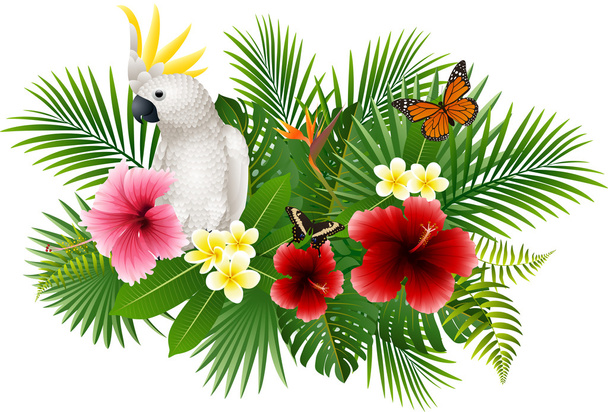 Cartoon white parrot and butterfly with flowers and leaves background - Vector, Image
