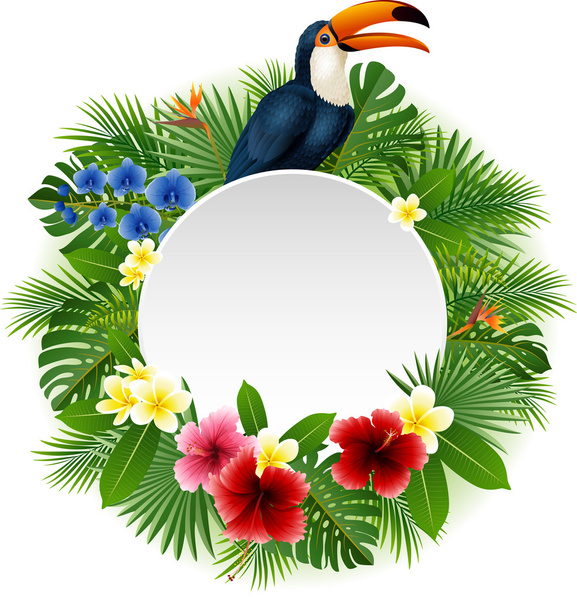 Cartoon funny toucan with blank sign on plant background - ベクター画像