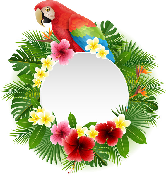 Cute parrot with blank sign on plant background - Διάνυσμα, εικόνα