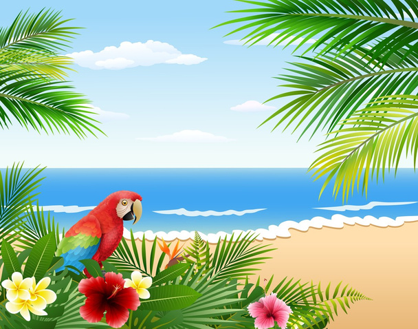 熱帯のビーチ、熱帯植物、オウムとカード - ベクター画像
