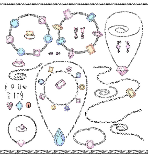 Set de joyas, abalorios, cadenas, collar, pulseras con encantes.Objetos aislados en blanco
 - Vector, Imagen