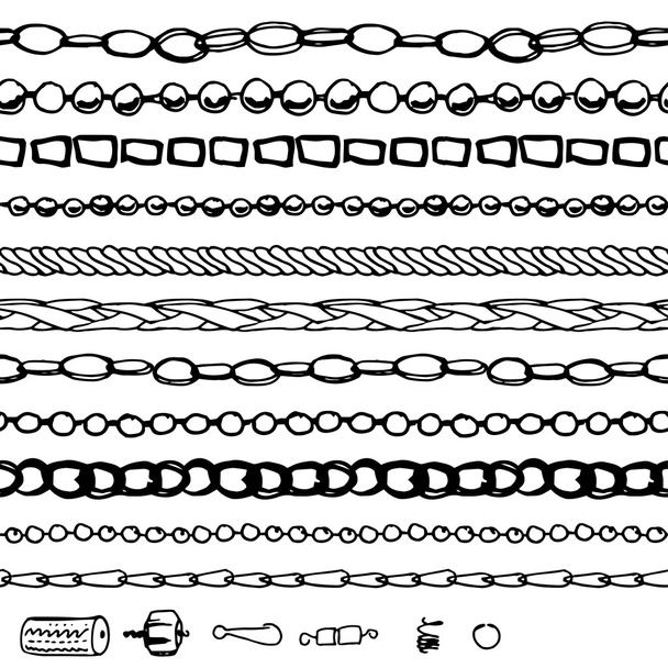 Set with chains, woman fashion. Contour, black and white.  Chains are endless, seamless horizontal pattern brushes. - Vector, Image
