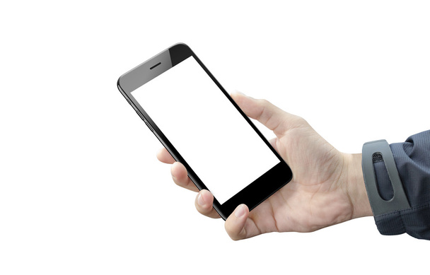 Szúró telefon, az ember kezében, elszigetelt. Üres képernyő-ból mozgatható berendezés részére makett - Fotó, kép