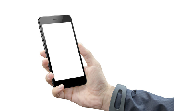 Teléfono inteligente en mano de hombre aislado. Pantalla en blanco del dispositivo móvil para maqueta
 - Foto, imagen
