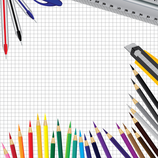 Object gereedschap achtergrond. Pen liniaal en kleur potlood op witte achtergrond. - Vector, afbeelding