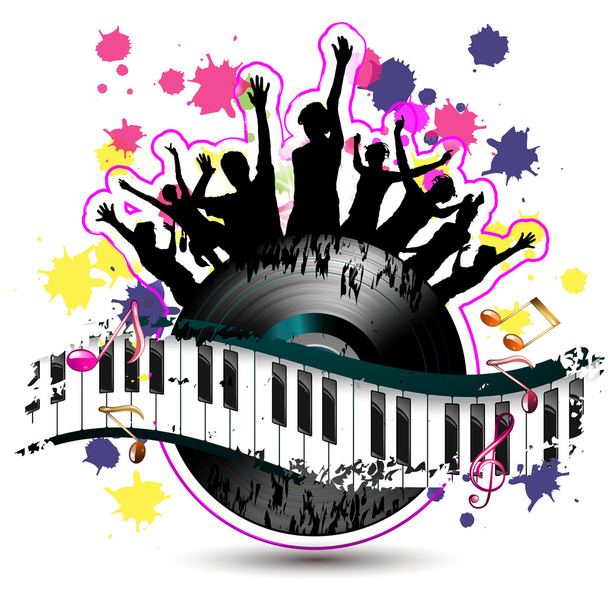 Piano keys with dancing silhouettes - Vektori, kuva