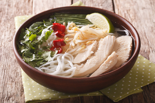 Vietnamese cuisine: soup Pho Ga with chicken, rice noodles and f - Photo, Image