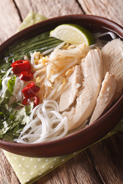 Vietnamese soup Pho Ga with chicken and rice noodles, bean sprou - 写真・画像