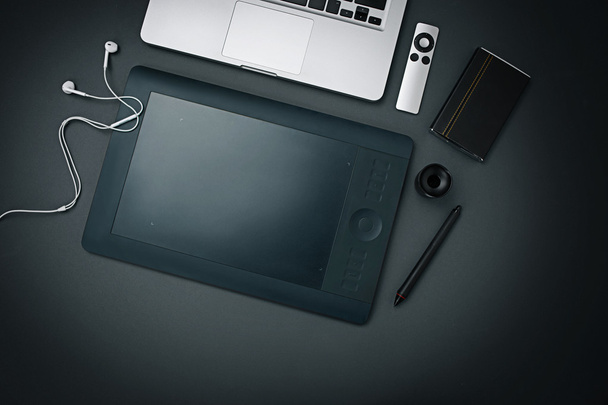 Workplace of business. Modern male accessories and laptop on black background - Фото, зображення