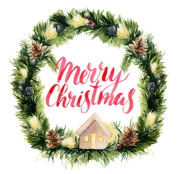 Akvarell Karácsonyi koszorú kártya boldog karácsonyt felirat. Kézzel festett határ fenyő ágak, füzér, fenyő hátránya és karácsonyfa játék elszigetelt fehér background.  - Fotó, kép