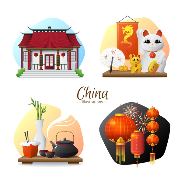 China Symbols 4 Icons Square Composition  - Vector, Image