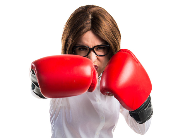 Student girl with boxing gloves - Fotoğraf, Görsel
