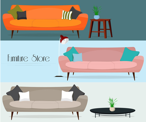 Furniture store. Set of sofas and tables. - Vector, Image