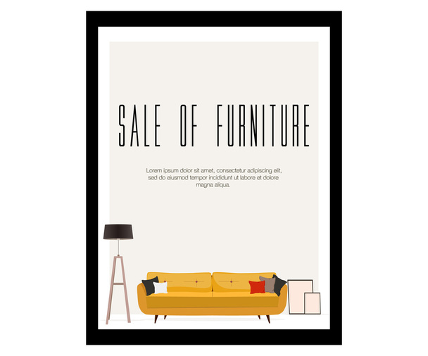 Furniture. Sale of furniture. Sofa with pillows, lamp and pictures. - Vector, Image