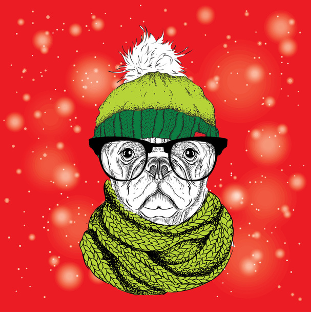 Το χριστουγεννιάτικο αφίσα με το σκύλο πορτρέτο εικόνα στο χειμερινό καπέλο. Εικονογράφηση διάνυσμα. - Διάνυσμα, εικόνα