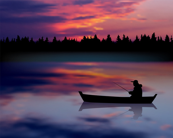 Fisherman in boat. Sunset river landscape - Vector, Image