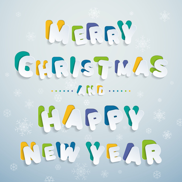 Merry Christmas and Happy New Year! Colorful letters imitating cardboard and paper surfaces. Stickers flat vector design font with thin round-up angles. Suitable for postcards, posters, web. - Vector, Image