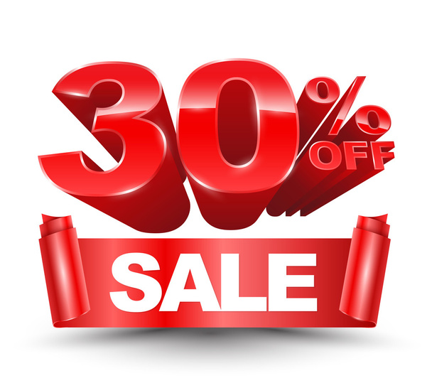 Vector 3d 30 percent off red with sale red ribbon - Vector, Image