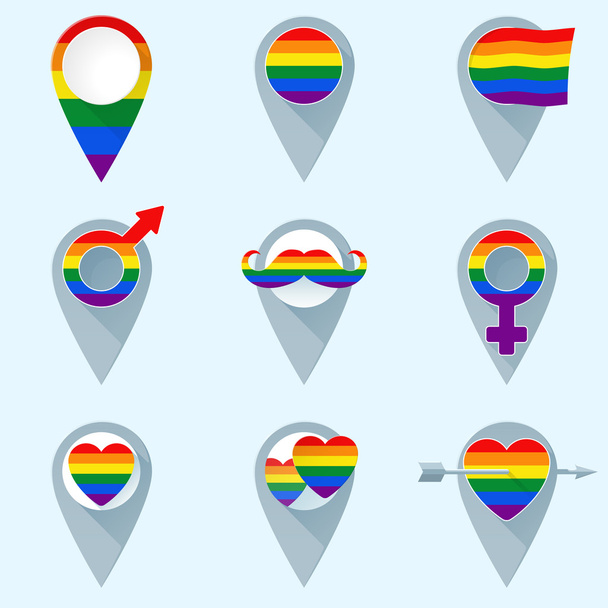 Set of colorful map markers with rainbow flag. Gay symbols. - Διάνυσμα, εικόνα