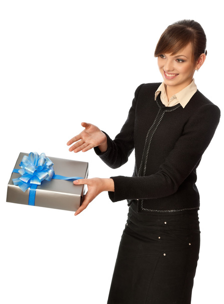 Silver box with blue bow as a present - Фото, зображення