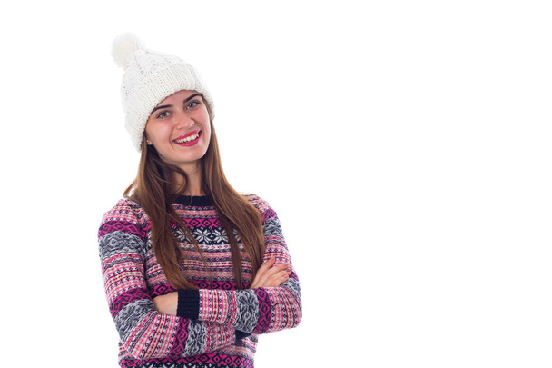 жінка в светрі і білому капелюсі
 - Фото, зображення